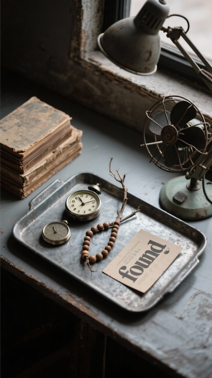Overhead detail shot of curated “found” accessories on a metal tray: grouped in threes—a vintage clock (metal), a small organic element like a wooden bead strand or branch, and a graphic piece like a typographic card; include a worn book stack nearby and a factory task lamp or vintage fan in frame edge; moody, directional light.