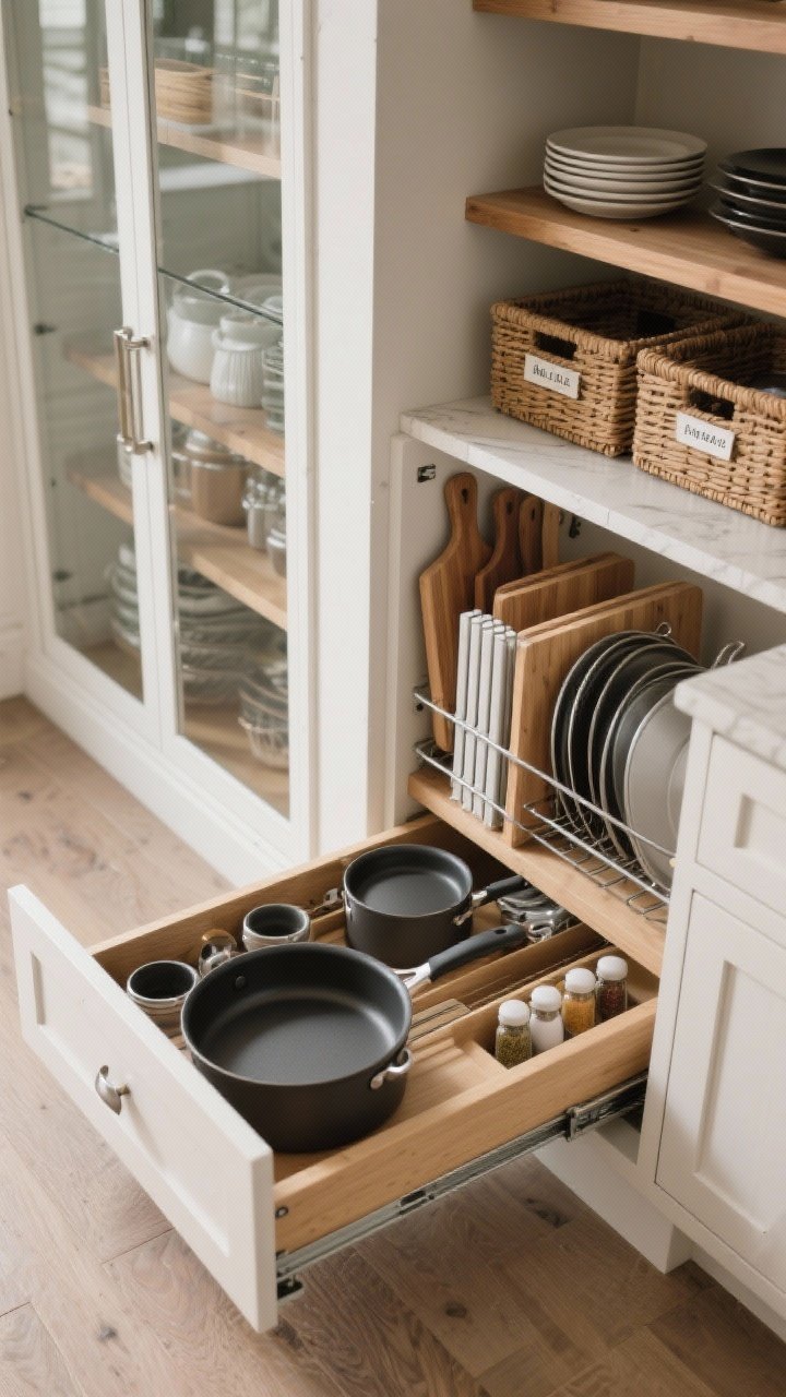 Overhead detail shot of hidden storage interiors: a deep drawer neatly organizing pots and pans, pull-out spice rack, vertical dividers holding cutting boards and sheet pans; nearby, a glimpse of a glass-front hutch pantry with labeled baskets on wood shelves; clean, organized aesthetic, photorealistic.