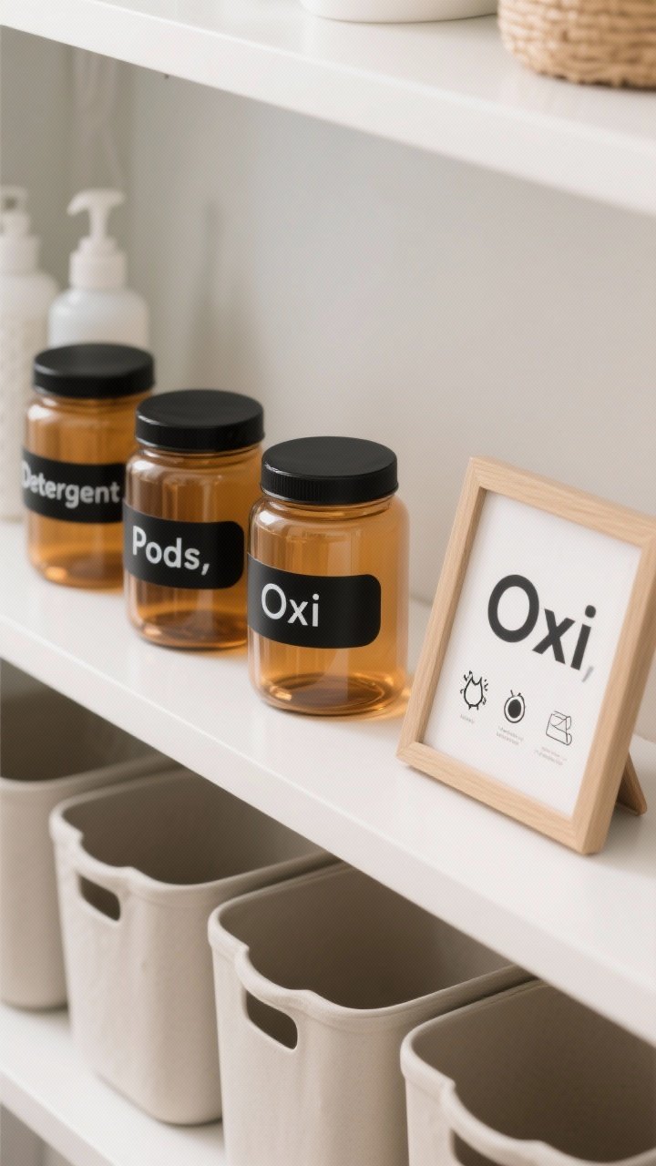 Overhead detail shot of labeled storage on an open shelf: clear and amber jars with sleek black vinyl decals reading “Detergent,” “Pods,” “Oxi,” arranged neatly beside neutral bins; a tiny framed legend card with wash symbols and stain tips; cohesive single-font typography; bright, clean lighting emphasizing order.