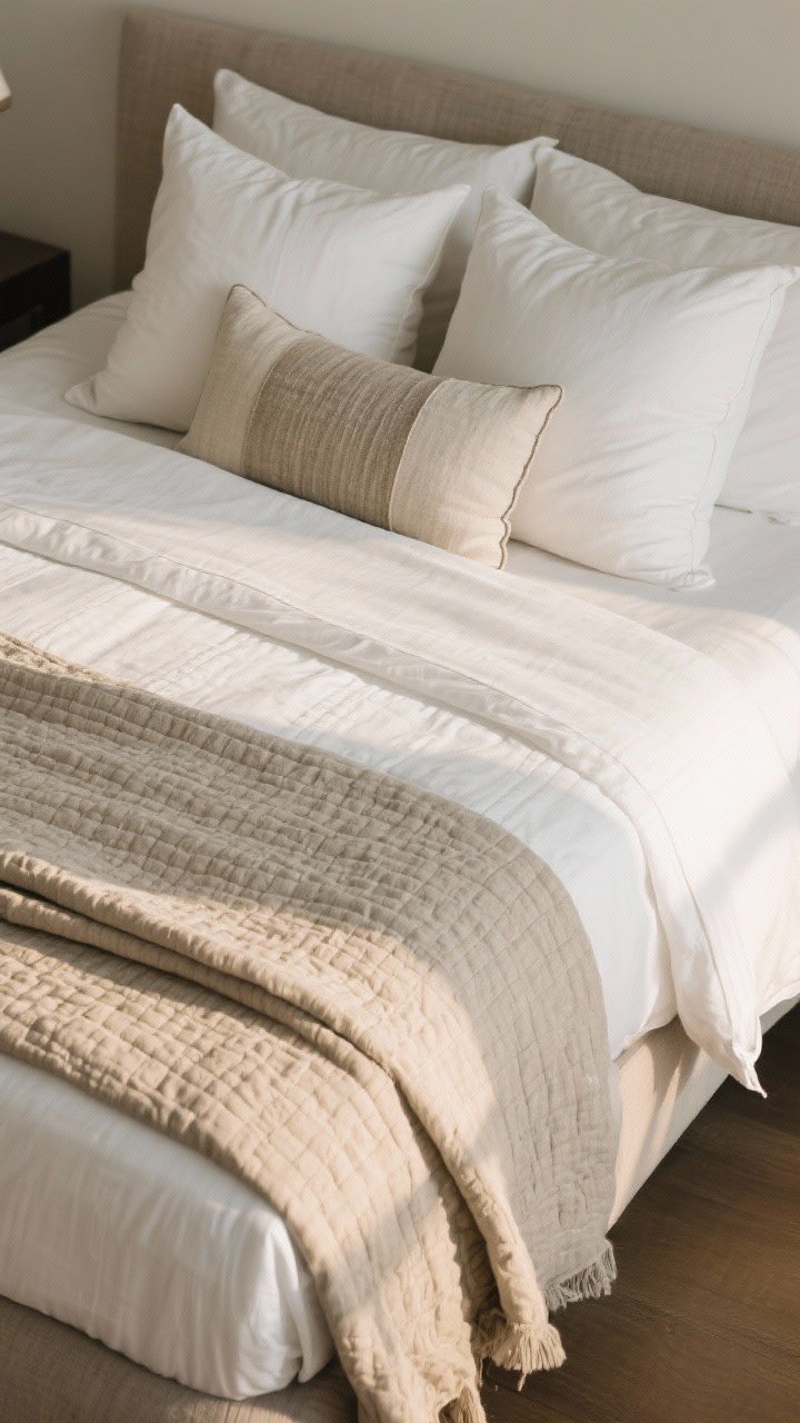 Overhead detail shot of layered bedding: crisp white percale sheets peeking beneath a flax linen duvet, a textured quilt folded at the foot, and a pillow stack of two Euro pillows, two standard pillows, and one long lumbar in mixed fabrics; soft, warm bedside light grazing the surfaces.