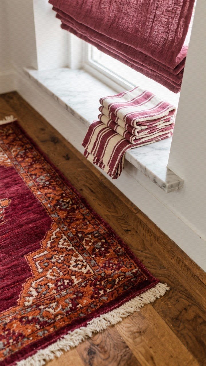 Overhead detail shot of layered burgundy textiles: a Persian-style runner with burgundy and rust tones on wood flooring, a neatly folded stack of striped/checked tea towels in burgundy and cream on the counter, and a linen Roman shade in a soft wine tone; visible rug pad edge peeking slightly; natural daylight highlighting fabric textures.