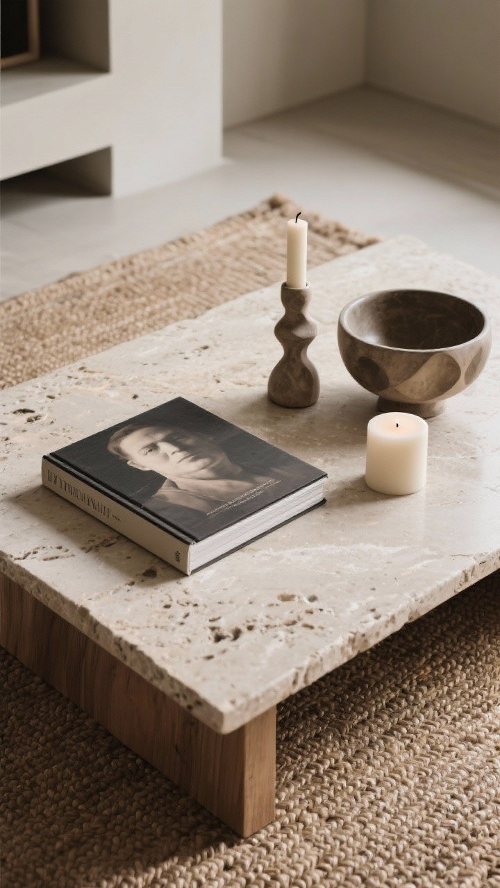 Overhead detail shot of minimal, impactful styling on a coffee table: one large art book, a sculptural bowl, and a candle arranged in an intentional trio on a stone or wood surface, with part of a jute rug visible beneath. Clean composition, varied heights and textures, soft ambient light creating gentle shadows.