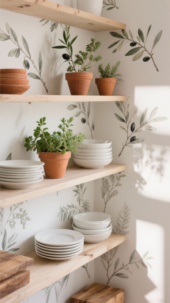 Overhead detail shot of open shelving against off-white wallpaper with delicate olive branch and herb illustrations. Terracotta pots with fresh herbs, stacked white dishes, and wood accents create a layered still-life. Soft natural light from the side, gentle shadows highlighting botanical line work. Focus on the herb prints and texture interplay, photorealistic.