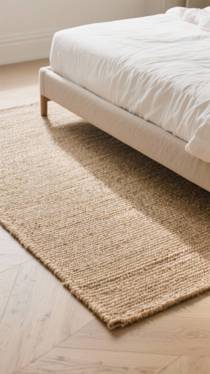 Overhead detail shot of rug scaling: a slim natural-fiber jute rug extending 18–24 inches beyond the sides of the bed, tone-on-tone texture with subtle horizontal striping; pale wood floor visible at the edges; neatly placed bed frame casting soft shadows, photorealistic
