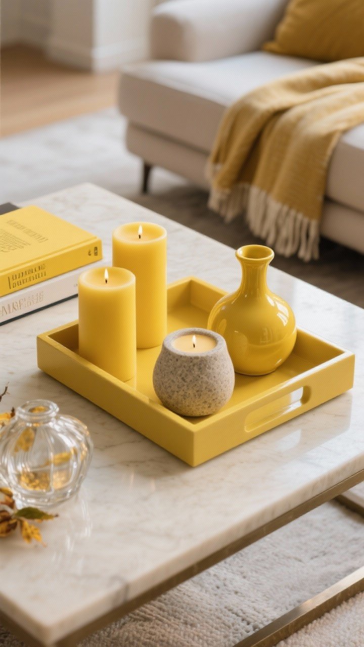 Overhead detail shot of styled accessories in yellow: a tray grouping of three—yellow candle, yellow-spined book, and a small yellow vase—on a coffee table. Vary finishes: glossy ceramic, matte stone, and transparent glass. Add a hint of seasonal swap items like a folded throw edge or pillow corner. Soft ambient daylight, sharp top-down composition.