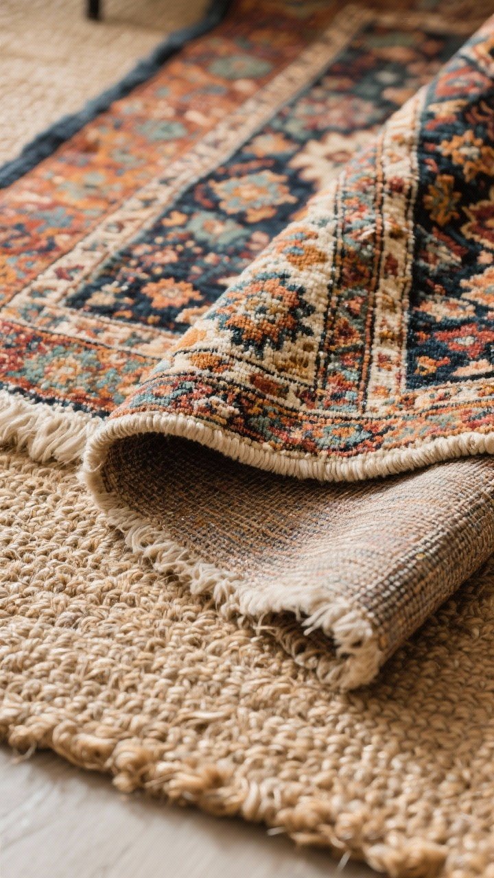 Overhead detail view of layered rugs: a textured jute base rug with a colorful vintage Turkish-style top rug angled slightly; the top rug is about two-thirds the size, showing worn pattern and rich hues; edges overlap naturally; filtered daylight highlighting fibers and pile variation.