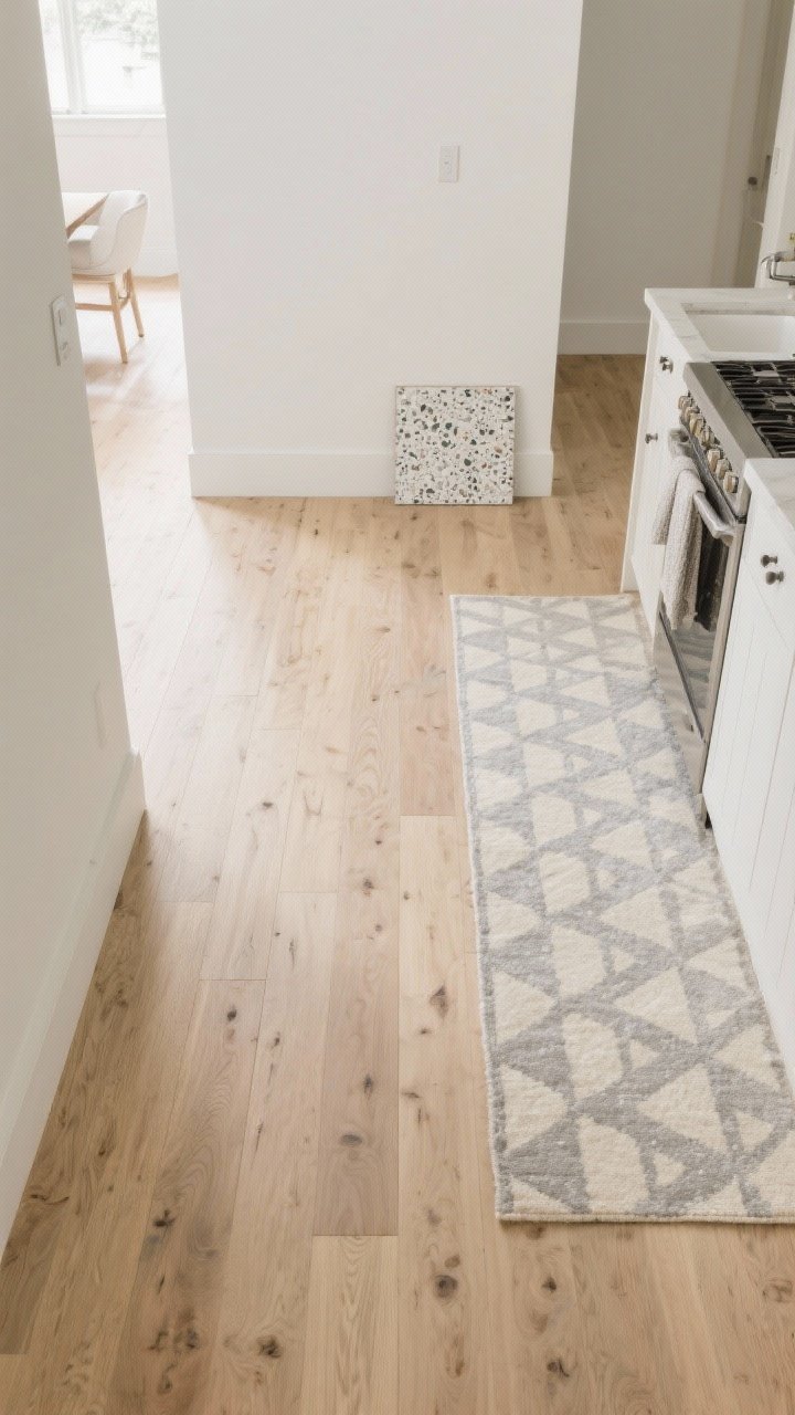 Overhead detail/wide hybrid: Flooring focus showing natural-tone white oak planks running continuously from an adjacent space into the kitchen, with minimal seams and a matte finish that hides footprints. Include a low-pile geometric runner near the sink in subtle gray and cream. Optionally show a small inset of terrazzo-look porcelain tile sample for variety. Soft, even daylight to reveal grain.