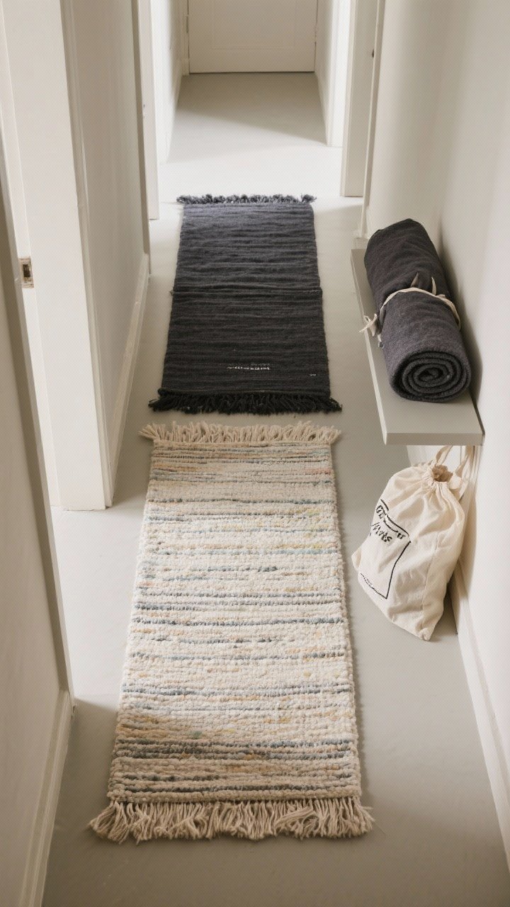 Overhead flat lay-style hallway view: Two folded runners staged for seasonal rotation—one dark, performance or washable option for winter; one lighter, natural-texture or bright-colored option for spring/summer. Show the off-season rug rolled (not folded) in a breathable bag beside a shelf. Neutral lighting emphasizes practicality and easy swapping.