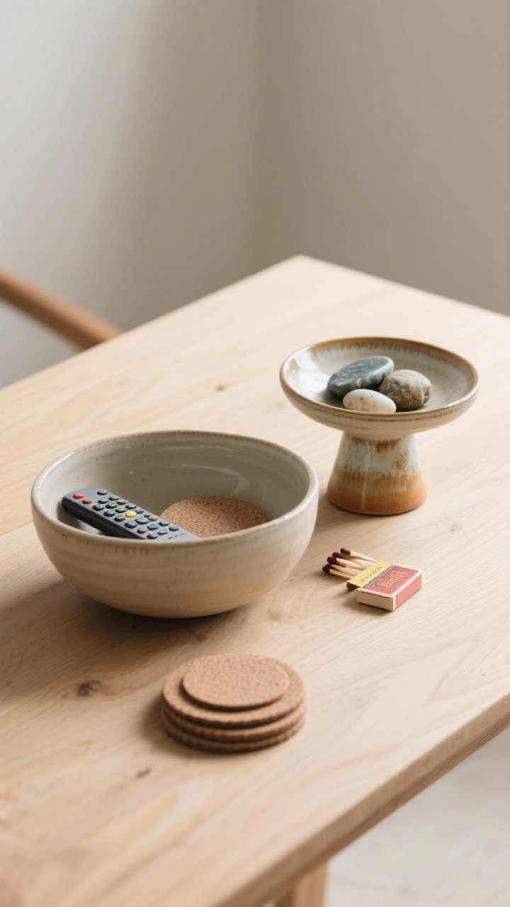 Overhead shot of chic catchalls: a low, wide ceramic bowl containing remotes and coasters, plus a small footed pedestal dish with polished stones and a few matchbooks. Neutral handmade ceramics with warm glaze variations. Bright, even natural light; clean composition on a light oak table.