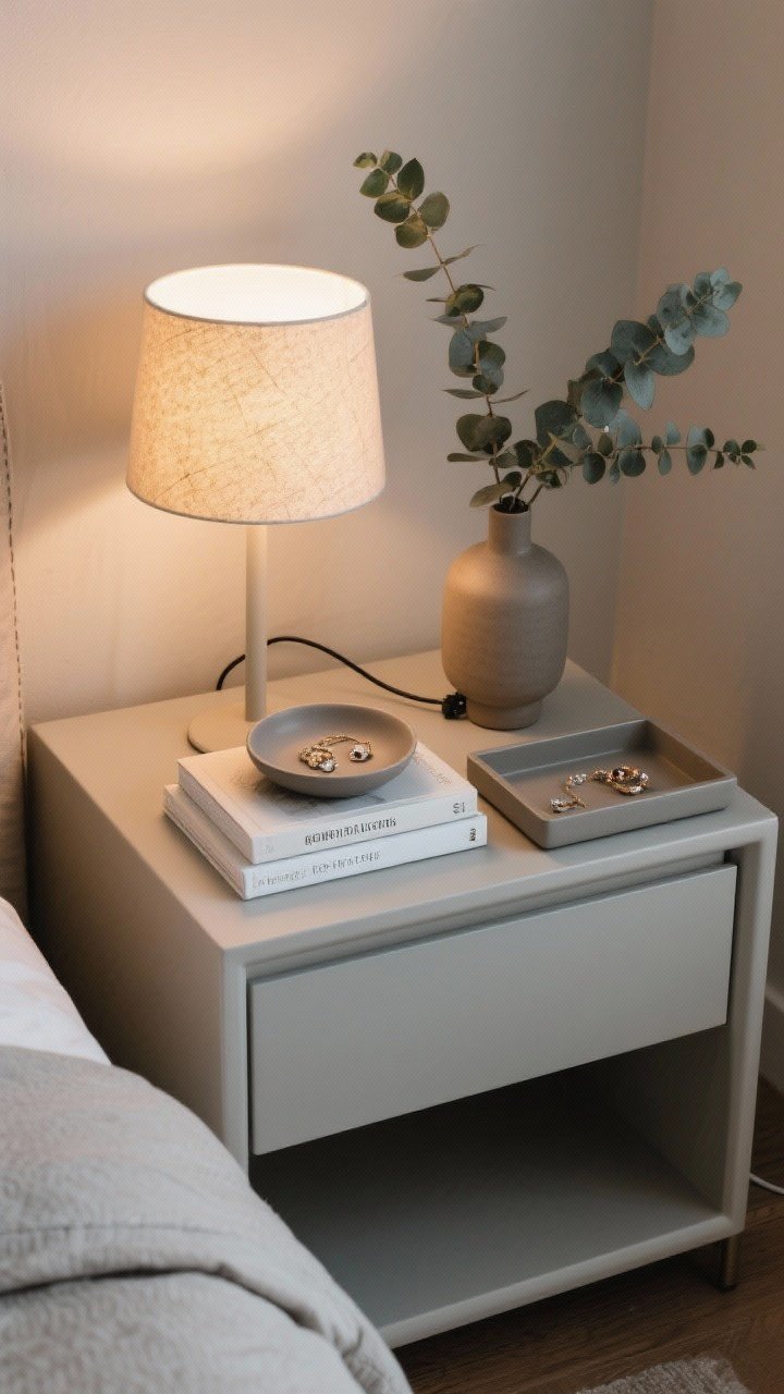 Overhead styled shot of an edited nightstand: small stack of 2–3 hardcover books, a matte ceramic dish with jewelry, a low warm lamp casting a pooled light, and fresh eucalyptus stems in a matte ceramic vase; cords hidden, essentials contained in a slim tray for a polished, uncluttered look.