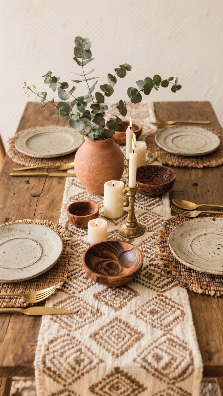 Overhead tabletop shot: A globally inspired boho table setting—block-printed runner, handwoven placemats, a mix of stoneware plates, carved wood bowls, and brass flatware. Organic centerpiece: a clay vase with eucalyptus and a cluster of candles at staggered heights. Slightly imperfect, collected look in earthy tones with subtle pattern.