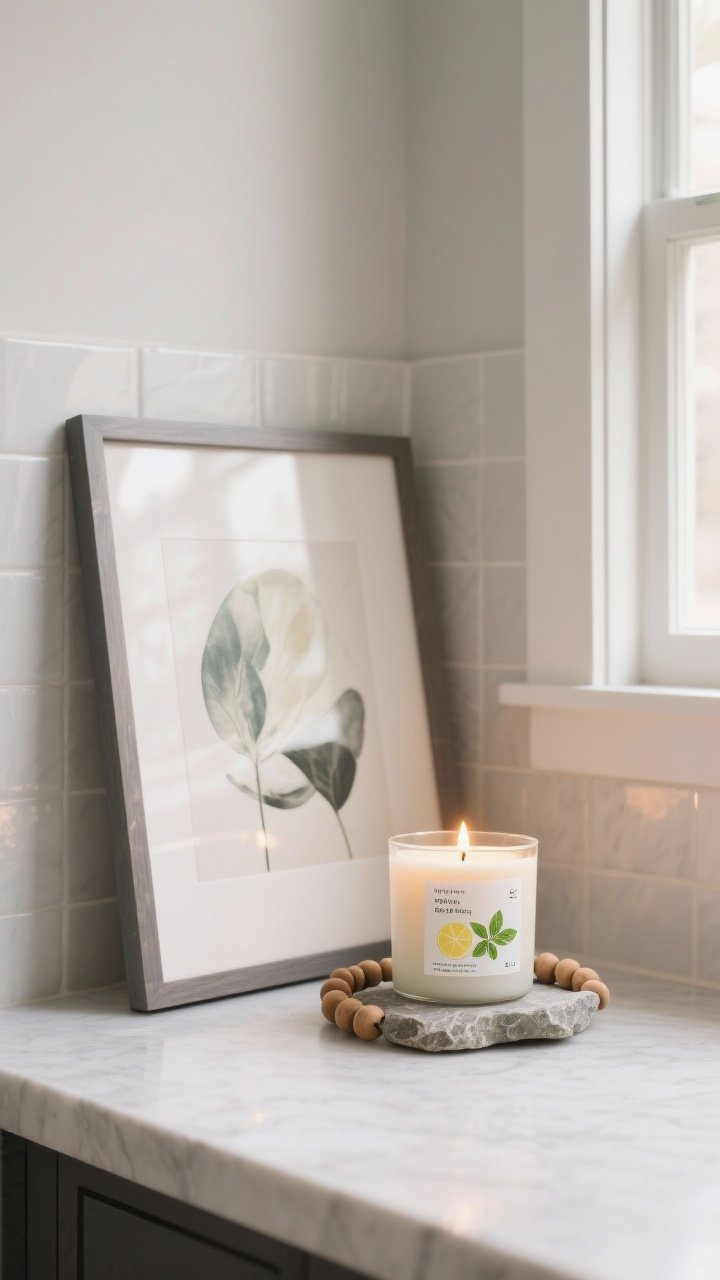 Photorealistic closeup corner vignette of art + candle: a framed print leaning against the backsplash (simple modern frame), a scented candle labeled with fresh notes like lemon and basil beside it, and a natural stone accent or wood bead garland adding tactile softness. Flame-free battery candle glow for safety. Calm, elevated mood with gentle window light.