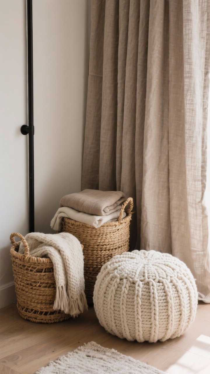Photorealistic closeup detail of layered textiles in a corner: floor-to-ceiling curtains in a soft taupe linen on a black rod pooling slightly on the floor; woven baskets in natural seagrass holding folded throws; a chunky knit ivory pouf with pronounced texture; tight, cohesive palette of warm neutrals; soft diffuse daylight highlighting fabric weave and knit detail; overhead angle focusing on textures.