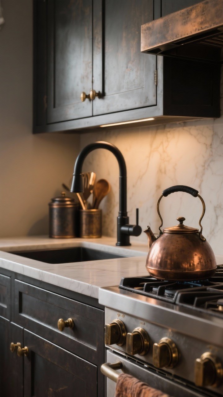Photorealistic closeup detail of moody metals and matte finishes: a section of cabinetry showing hardware swapped to aged brass or oil-rubbed bronze, a statement matte black faucet over a sink, and a single copper pot or teapot on the stove; include matte-finish canisters or a utensil holder nearby; cohesive metal palette, warm indoor lighting for a subtle fall feel.