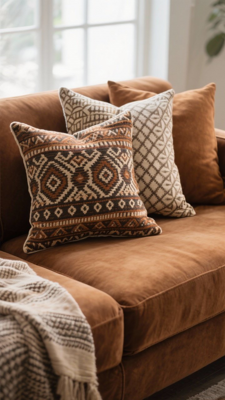 Photorealistic closeup detail of patterned pillows on a brown sofa: apply the rule of three—one bold pattern (ikat or mudcloth), one small-scale geometric, and one solid; repeat a key color three times in the scene; fabrics vary seasonally with a linen option visible; soft diffuse window light highlighting weave and print