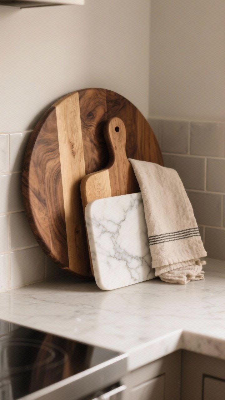 Photorealistic closeup detail of stacked cutting boards styled in a kitchen counter corner: a large round oak board leaning in the back, a marble rectangle in front, and a small paddle board on top, with a soft natural linen towel draped over the smallest board. Subtle texture contrast between wood grain, cool marble veining, and linen fibers. Soft side lighting, hint of tile backsplash, warm and tactile.