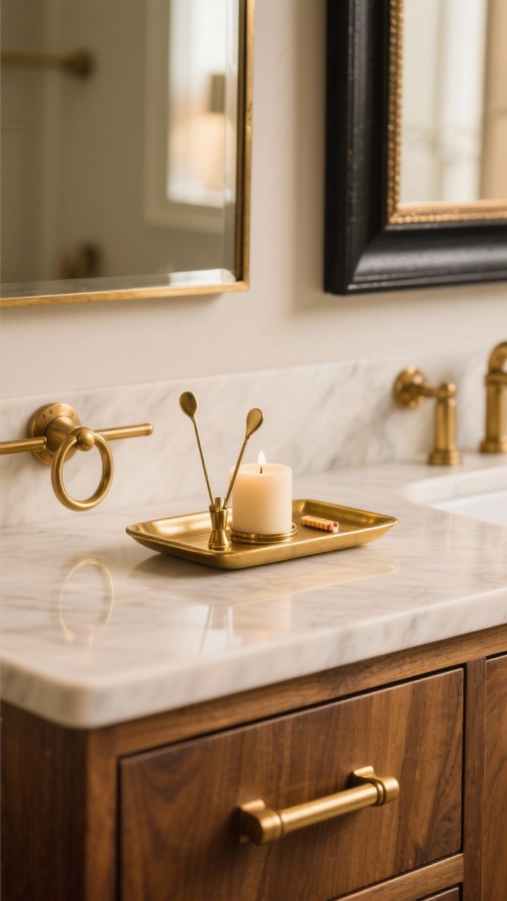 Photorealistic closeup detail of warm metal hardware and accents: cabinet pulls in brushed brass or aged gold on a wood vanity; a matching towel ring or bar in the same finish; a small brass tray holding a candle snuffer and match striker; nearby framed mirror edge visible; secondary metal in matte black as a supporting accent; soft warm lighting creating gentle reflections, shallow depth of field for a luxe vibe.