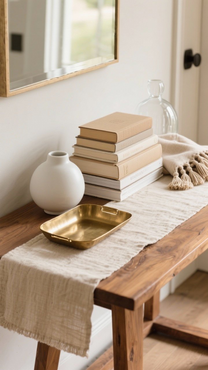 Photorealistic closeup detail shot of an entryway table styled with layered textures: a half-folded natural linen runner over warm oak wood, a matte white ceramic vase beside a shiny brass catch-all tray, stacked neutral-toned hardcover books creating varied heights, and a small folded tassel-accented throw; include a subtle glass object for contrast, soft morning natural light, straight-on angle, curated palette of creams, tan, brass, and clear glass