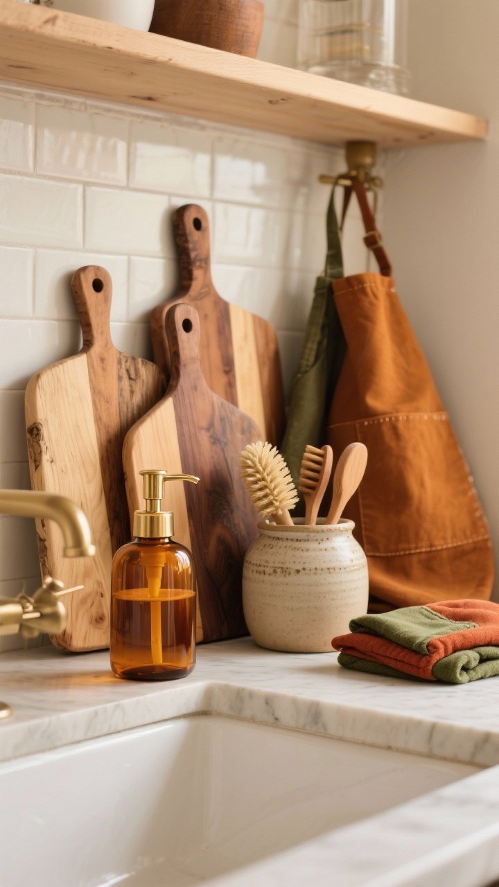 Photorealistic closeup of elevated everyday basics in autumn colors: an amber glass soap dispenser with a brass pump beside a sink, a curated display of cutting boards (maple, walnut, reclaimed wood) leaning on the backsplash, a ceramic crock holding wood-handled dish brushes, and folded aprons or pot holders in earthy hues of moss, paprika, and ochre; soft, warm indoor lighting.