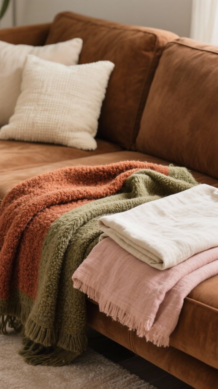 Photorealistic closeup of layered throws on a brown couch: a wool or boucle throw draped casually over one arm, paired with a lightweight linen or cotton layer folded neatly; palette includes cream, rust, olive, and blush; soft, cozy lighting emphasizing fabric texture without harsh glare