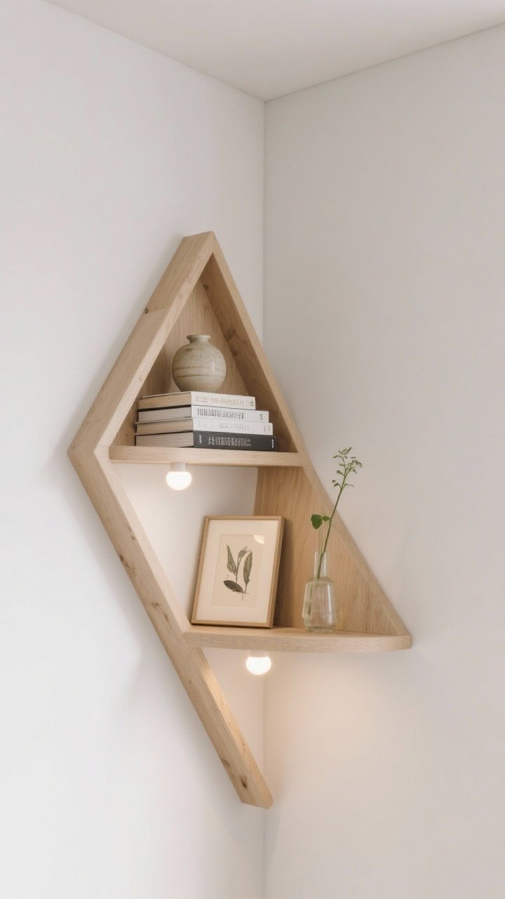 Photorealistic closeup-to-medium shot of corner shelving: floating triangle shelves in light wood installed in a corner, styled using the rule of three—one shelf with a small stack of books and a ceramic vase, another with a tiny framed artwork and a bud vase; subtle LED puck lights mounted beneath each shelf casting a soft glow; clean white wall, minimal clutter; angled view upward to show verticality.