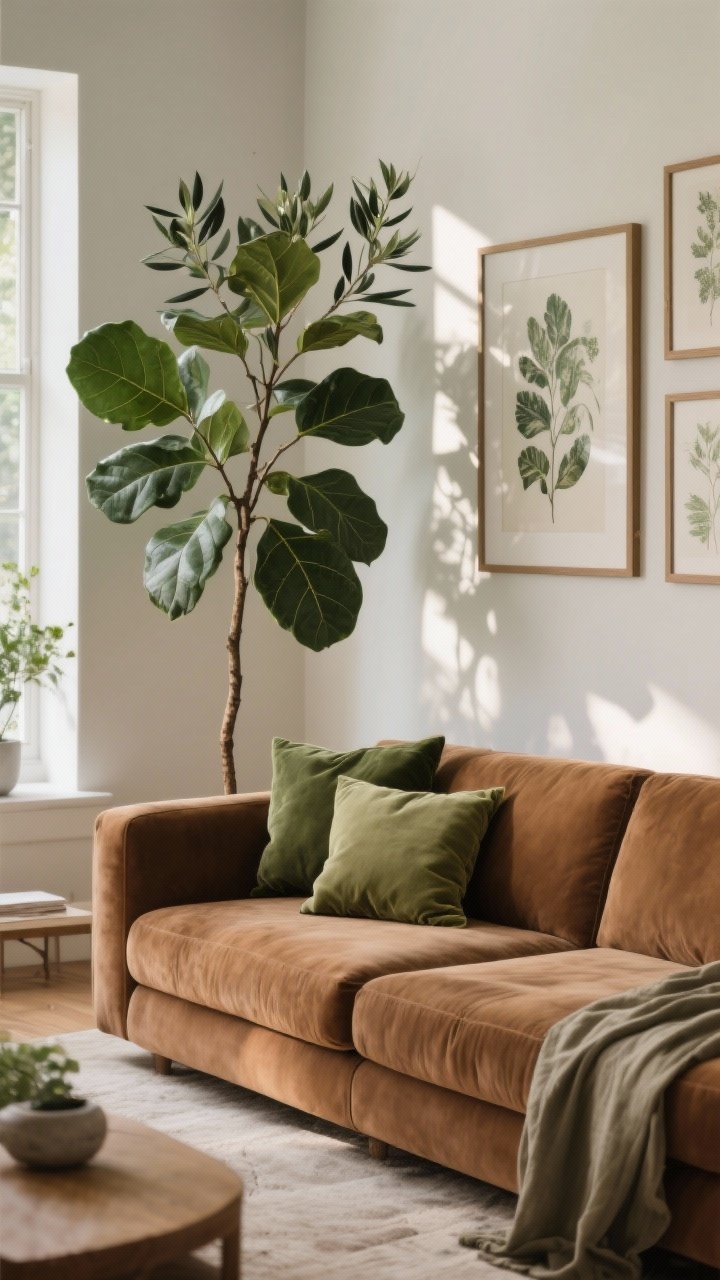 Photorealistic corner-angle medium shot of a brown couch with earthy greens: a tall fiddle leaf fig or olive tree placed beside the sofa for height, linen or velvet pillows in olive and sage, and framed botanical prints on the wall; natural daylight with gentle shadows to emphasize the organic, relaxing vibe