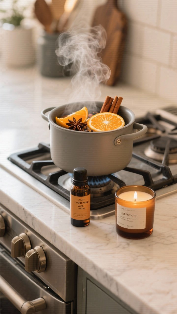 Photorealistic detail closeup of a seasonal scent setup on a stovetop: a simmer pot with orange peels, cinnamon sticks, cloves, and star anise gently steaming; nearby an essential oil diffuser labeled with cedarwood and vanilla or orange and cardamom, and a lightly scented soy candle (amber, cashmere, or sandalwood) unlit; clean counter, subtle steam visible, warm ambient kitchen light.