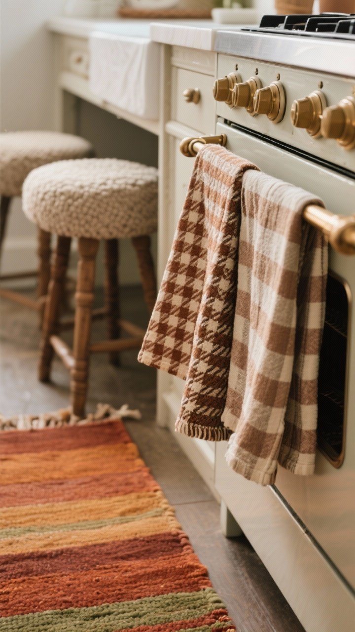 Photorealistic detail closeup of cozy kitchen textiles: warm-patterned tea towels in gingham, herringbone, and muted plaid draped over an oven handle; a vintage-inspired runner rug on the floor in earthy tones of rust, amber, olive, and terracotta; and a glimpse of chair pads in linen or boucle texture on nearby stools; shot at a slight corner angle with soft, diffused indoor light highlighting the fabric weaves.