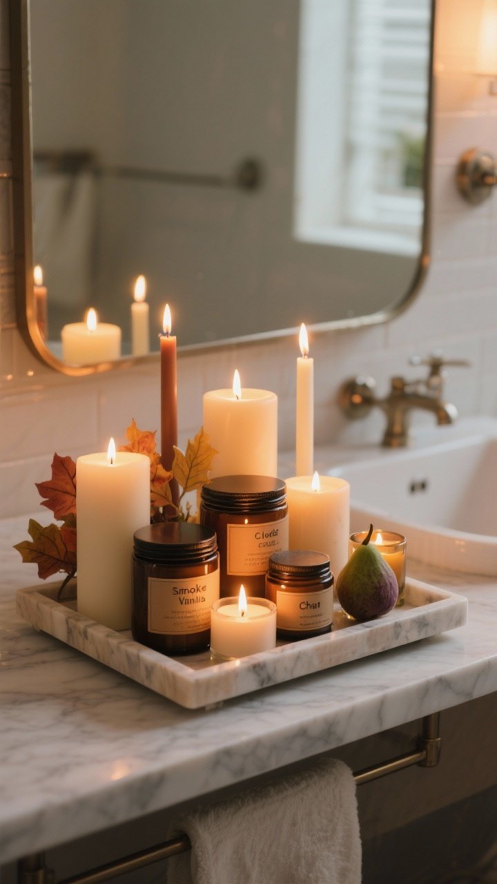 Photorealistic detail shot of candlelight styling in a bathroom: a marble or wood tray on a shelf with a clustered mix of pillar, taper, and votive candles at varying heights; autumn scents implied by labeled jars (smoked vanilla, cedar, amber, chai, fig); one realistic flameless LED taper included; warm flickering light reflecting off a mirror and subtle metal accents for a cozy glow; safe, uncluttered composition with deep shadows and highlights, intimate angle.