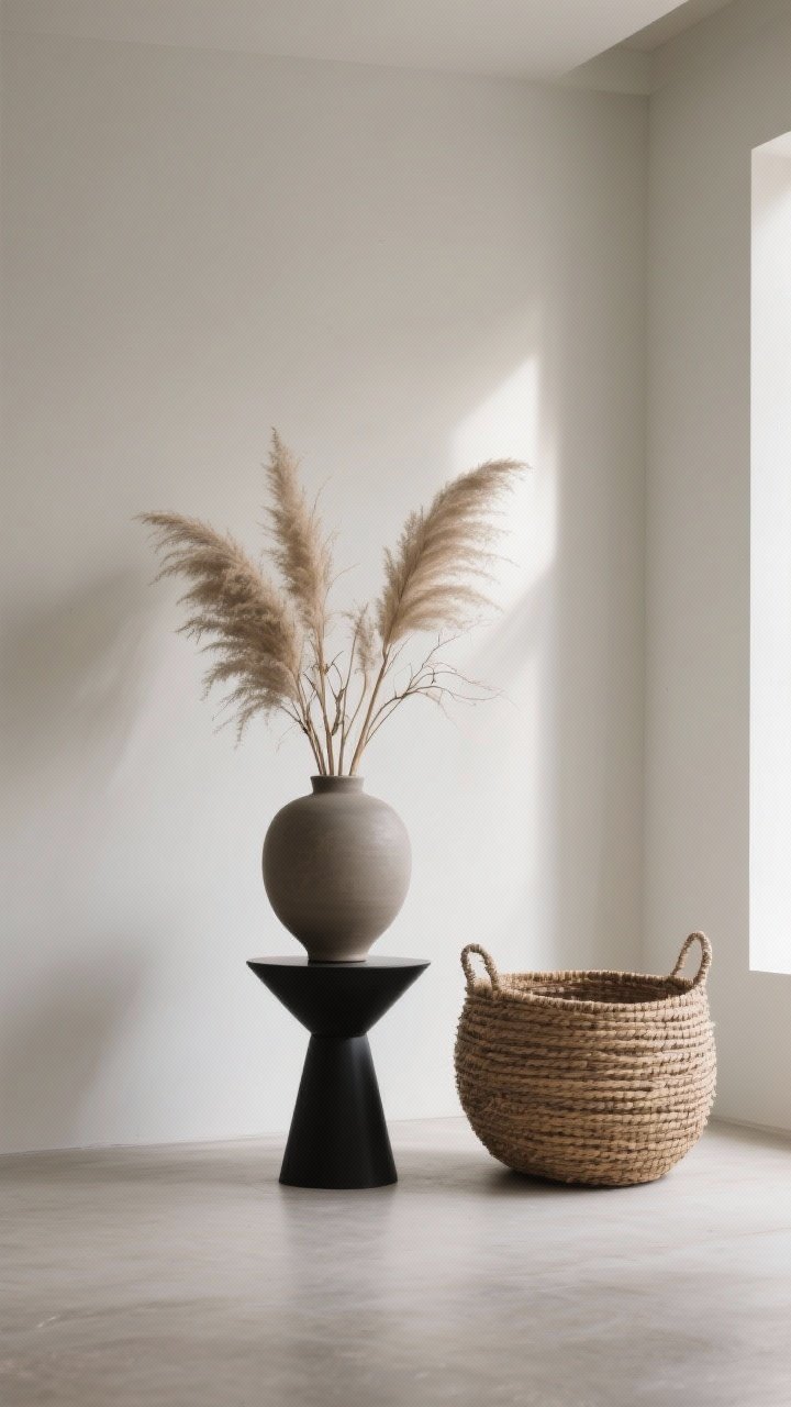 Photorealistic detail-to-medium shot emphasizing sculptural decor and negative space: a single oversized matte ceramic vase on a slim black pedestal holding dramatic branching pampas; adjacent large handwoven floor basket for organic texture; ample empty wall and floor space around to highlight scale; soft side lighting creating gentle shadows; minimalist, gallery-like straight-on framing.