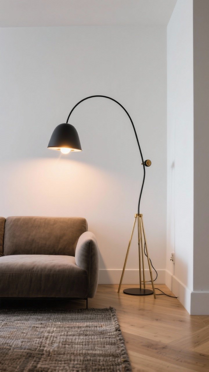Photorealistic detail-to-medium shot of a sculptural floor lamp as the sole corner feature: an arched black metal lamp stretching over the edge of a sofa toward the corner, dimmer knob visible, warm bulb glow at 2700–3000K; alternate view includes a slim-profile brass tripod floor lamp on a textured rug; uncluttered corner with clean white walls and light oak floors; shot at eye level with emphasis on the lamp’s silhouette and warm evening ambiance.
