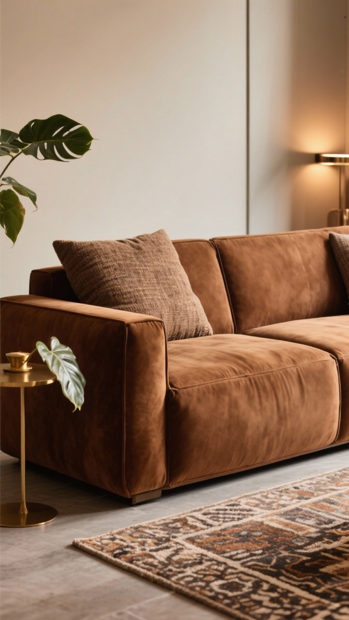 Photorealistic editorial-style detail shot summarizing the polished look: a styled brown couch vignette with cohesive textures, layered color accents, and smart lighting; a small brass element, a plant leaf edge, and a patterned rug corner subtly visible; warm, balanced light conveying a designer-level, lived-in mood