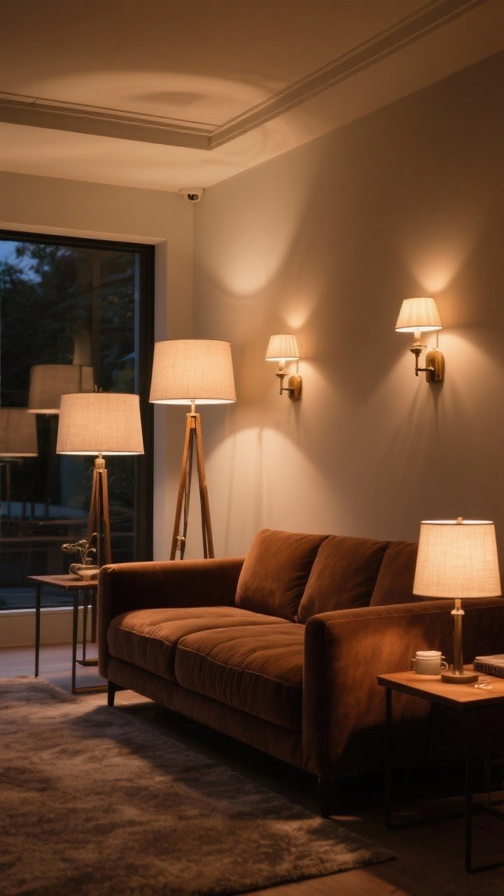 Photorealistic evening interior wide shot emphasizing layered lighting around a brown couch: combine a floor lamp, table lamps, and wall sconces; use warm white bulbs at 2700–3000K; linen or parchment shades for diffused, cozy light; include dimmer-controlled ambience to make the sofa look rich, not muddy