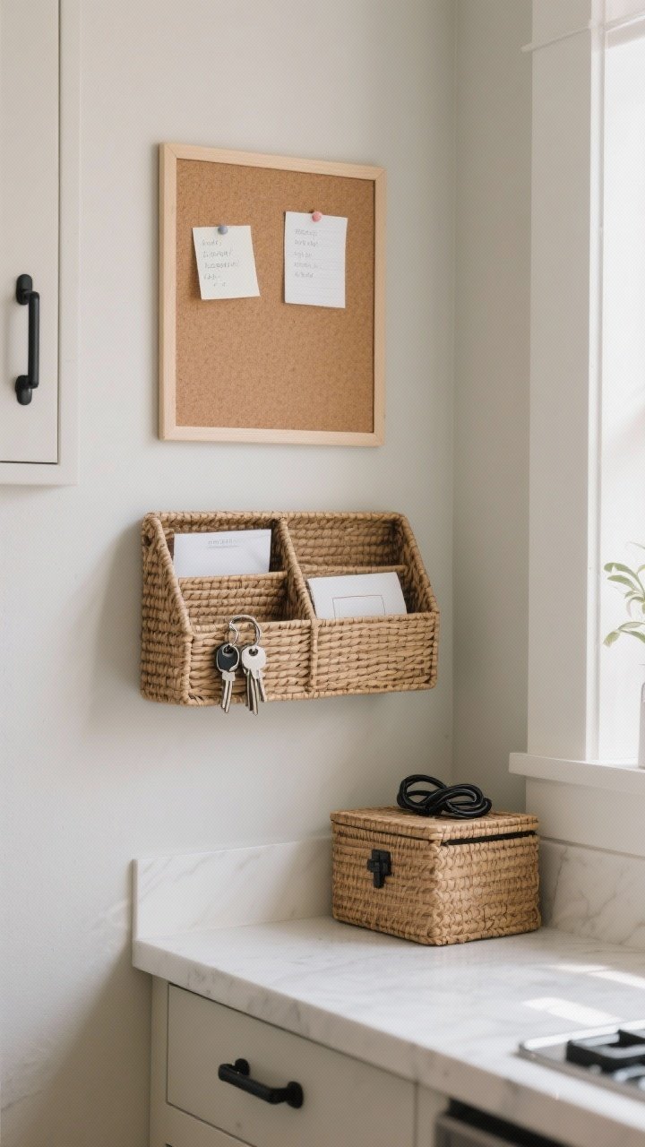 Photorealistic medium corner scene of a stylish catchall command corner: a shallow rattan tray divided for mail and keys, a mini corkboard mounted above with a couple of neatly pinned notes, and a small lidded box for cords. Neutral palette with black metal accents echoing kitchen hardware. Daylight from the side, organized yet approachable, clutter contained.