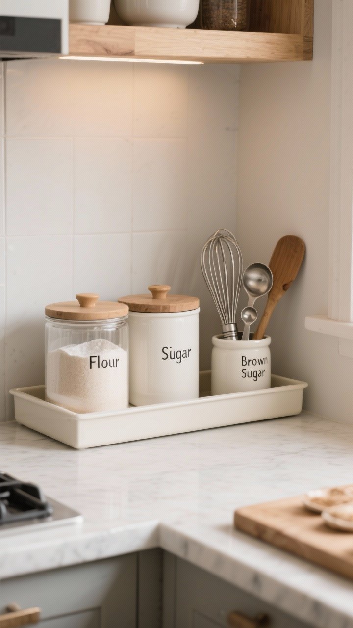 Photorealistic medium corner shot of a baking zone in a lipped tray: matching labeled canisters for flour, sugar, and brown sugar; a small utensil crock holding whisks and spatulas; measuring spoons on a ring neatly placed. Neutral tones, clear labels in a clean font. Subtle warmth from wood accents, bright functional lighting, tidy and ready-to-bake vibe.