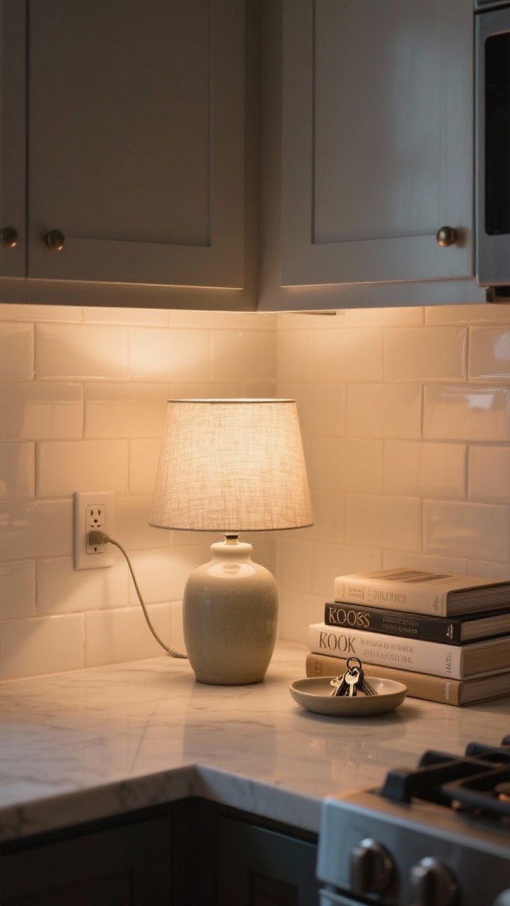 Photorealistic medium corner shot of a cozy kitchen lamp vignette: a petite 14-inch ceramic-base lamp with a linen shade casting a warm 2700–3000K glow onto a light tile backsplash. Hidden cord management keeps it neat. Beside it, a small stack of neutral cookbooks and a shallow dish for keys complete the scene. Evening ambiance, inviting and lived-in.