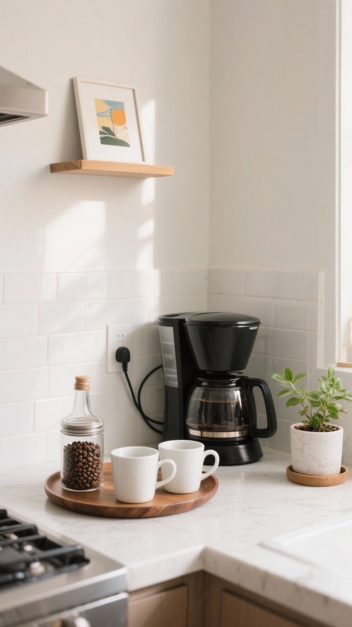 Photorealistic medium corner shot of a mini coffee nook in a bright, modern kitchen: a matte black coffee maker and two white ceramic mugs corralled on a round wooden tray; a small glass syrup bottle, a lidded glass canister of coffee beans, and a petite potted plant add layered heights. Above, a tiny floating shelf holds a small art print for personality. Warm morning light, clean backsplash, tidy cords, cozy café-chic mood.