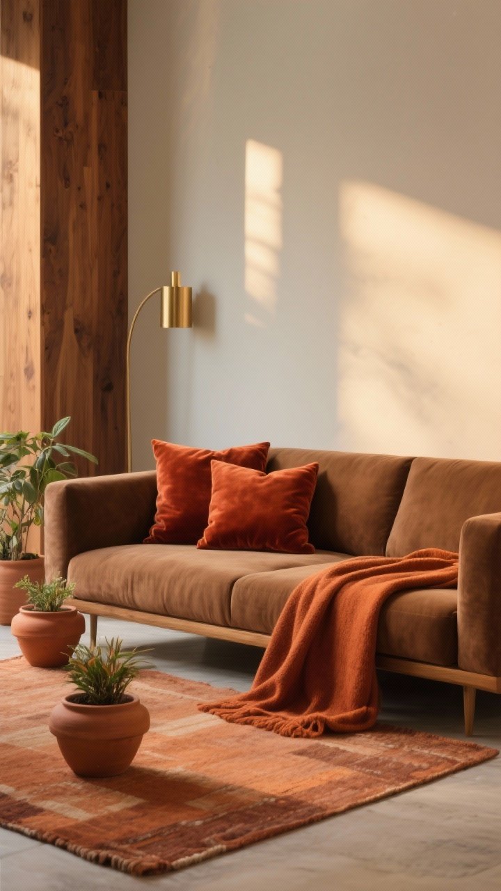 Photorealistic medium shot adding terracotta and rust to a brown couch setup: rust velvet pillows, a terracotta throw, a clay-toned rug, and terracotta planters; pair with warm wood elements and subtle brass accents; keep walls neutral; golden-hour light to enhance the layered warmth