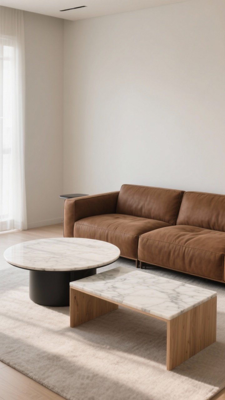 Photorealistic medium shot focusing on coffee table shape choices with a brown couch: show a round or oval table softening a boxy silhouette, plus an alternate rectangular option for a longer seating run; materials in marble or light wood to keep things airy; ensure 14–18 inches spacing from sofa; neutral daylight