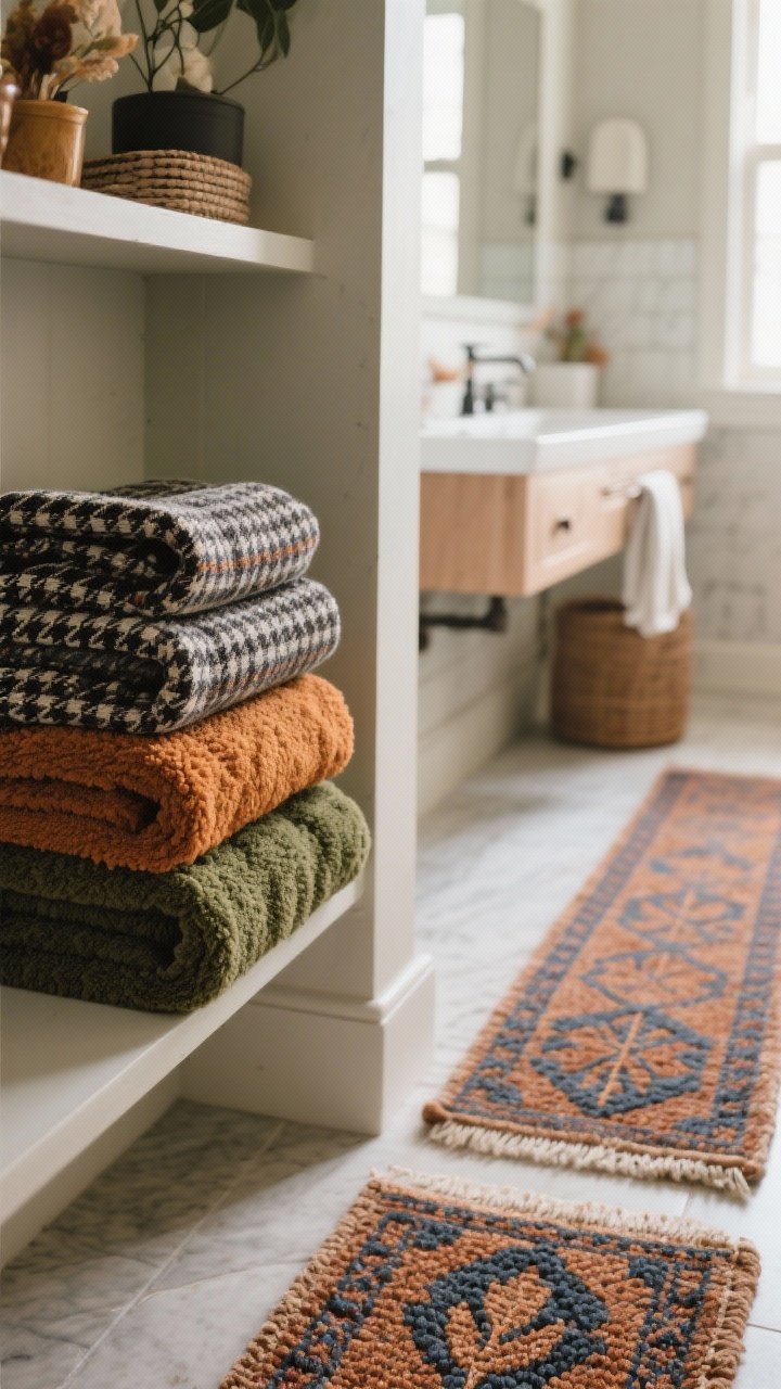 Photorealistic medium shot focusing on fall patterns via linens: a stack of micro-plaid or herringbone towels in charcoal, ochre, or forest green on an open shelf; a hooked or tufted bath mat with a subtle leaf or geometric border motif by the vanity; in a larger space, a vintage-style runner with rust and indigo notes extending along the floor; layered smaller mat atop a flat-weave rug for dimension; even, soft light to show weave and pattern.