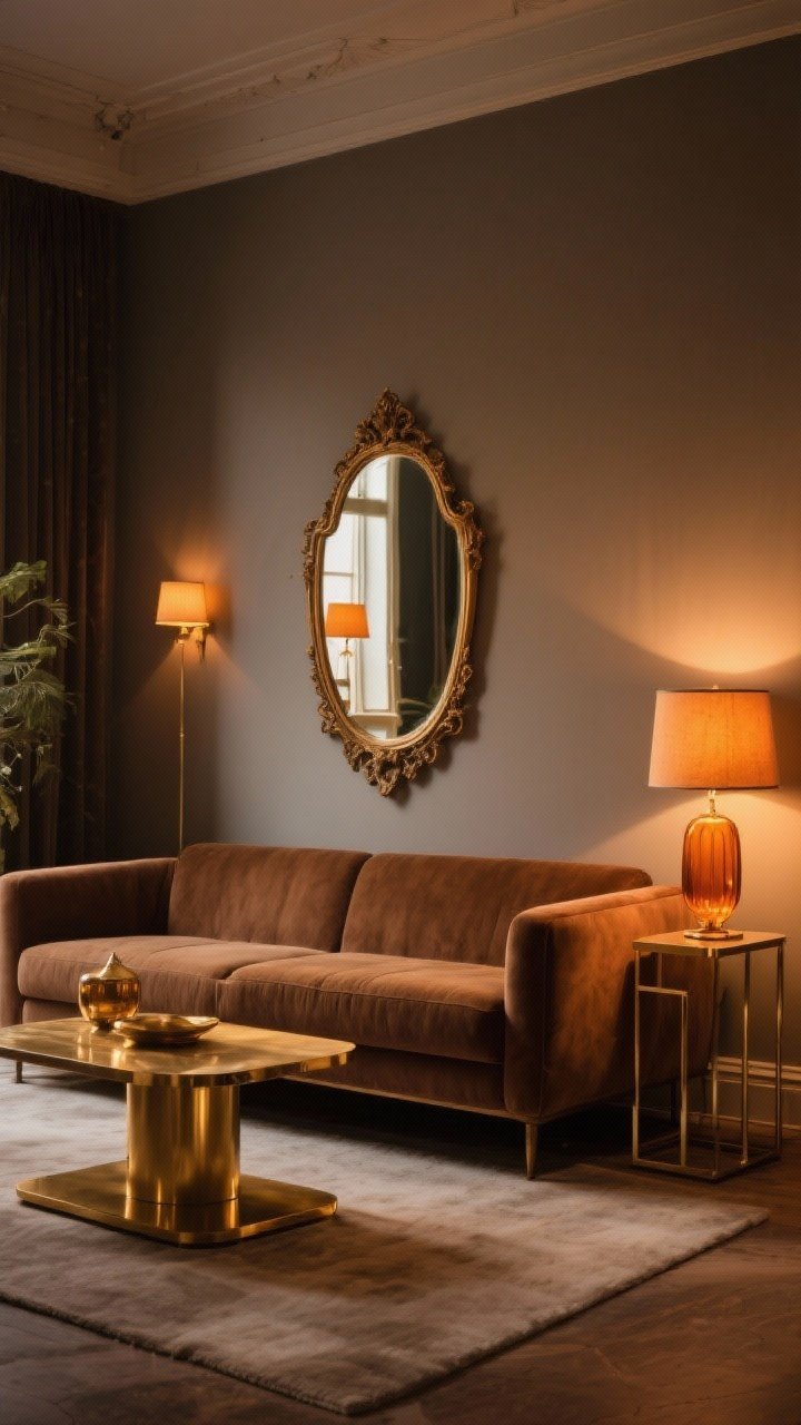 Photorealistic medium shot leaning warm and luxe: a brown couch paired with a brass coffee table and brass side table with clean lines; amber glass lamps glowing softly; a vintage-style mirror reflecting the warm tones; evening ambient lighting, cohesive brass finishes, no mixed metals clutter