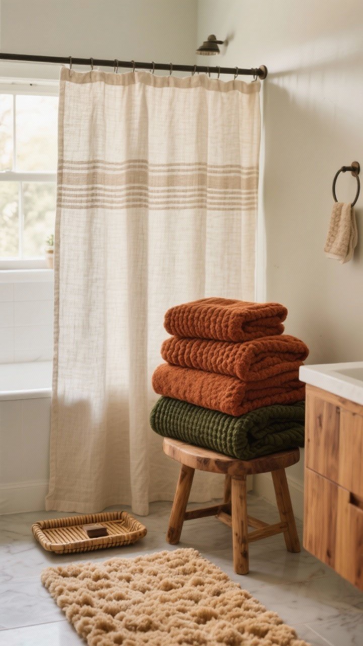 Photorealistic medium shot of a bathroom corner styled for fall textures: layered plush towels in rust, caramel, and deep forest green (mix of ribbed and waffle) folded on a teak stool; a linen shower curtain with a subtle slub texture and neutral stripe hangs nearby; a tufted shag bath mat in warm cream on the floor; a bamboo tray on the vanity with wood tones visible; tight two-to-three color palette, soft natural morning light emphasizing the varied weaves and wood grain, no people, cozy and warm mood.