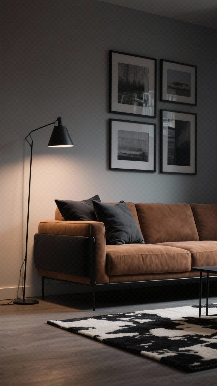 Photorealistic medium shot of a brown sofa with sleek black accents: thin black floor lamp, black metal gallery frames on the wall, and a black-and-ivory rug anchoring the seating area; add charcoal throw pillows as a bridge tone; controlled, moody evening lighting that sharpens lines and adds sophistication