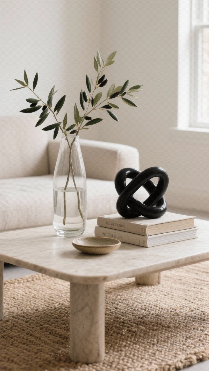 Photorealistic medium shot of a coffee table styled as a high-low trio: a tall clear glass vase with fresh olive stems, a medium matte black sculptural knot, and a low stack of two linen-bound coffee table books topped with a small ceramic dish. Soft natural daylight from a side window, neutral living room palette with a textured jute rug beneath. Emphasize layered heights and balanced composition, straight-on angle.