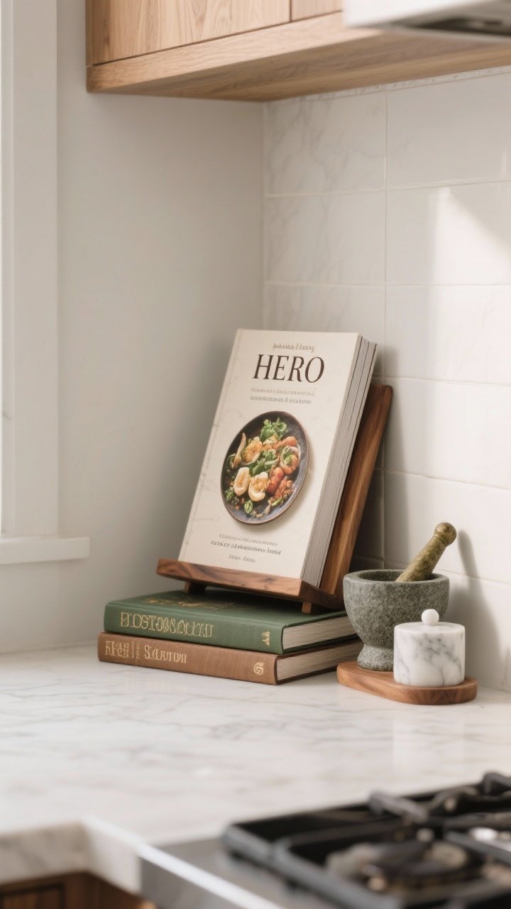 Photorealistic medium shot of a cookbook ledge in a kitchen corner: one hero cookbook with a beautiful cover displayed on a wooden stand, two additional cookbooks stacked horizontally beneath for height. A small mortar and pestle and a marble salt cellar sit beside the stand for a chef’s touch. Soft side light highlighting paper texture and wood grain, clean backsplash background.