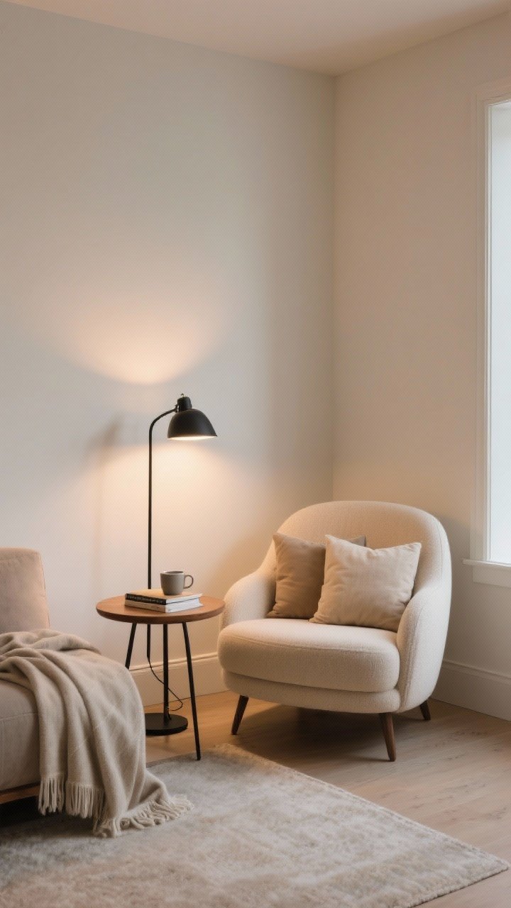 Photorealistic medium shot of a cozy reading nook tucked into a living room corner: a plush curved barrel accent chair in soft oatmeal fabric, an armless slipper chair option shown by slim silhouette, a slim black metal floor/task lamp casting a warm focused pool of light (2700–3000K), and a small round wood side table holding a book and mug; layered throw blanket and two pillows in muted neutrals; corner walls painted warm white, matte finish; soft evening ambiance, corner angle perspective, no people.