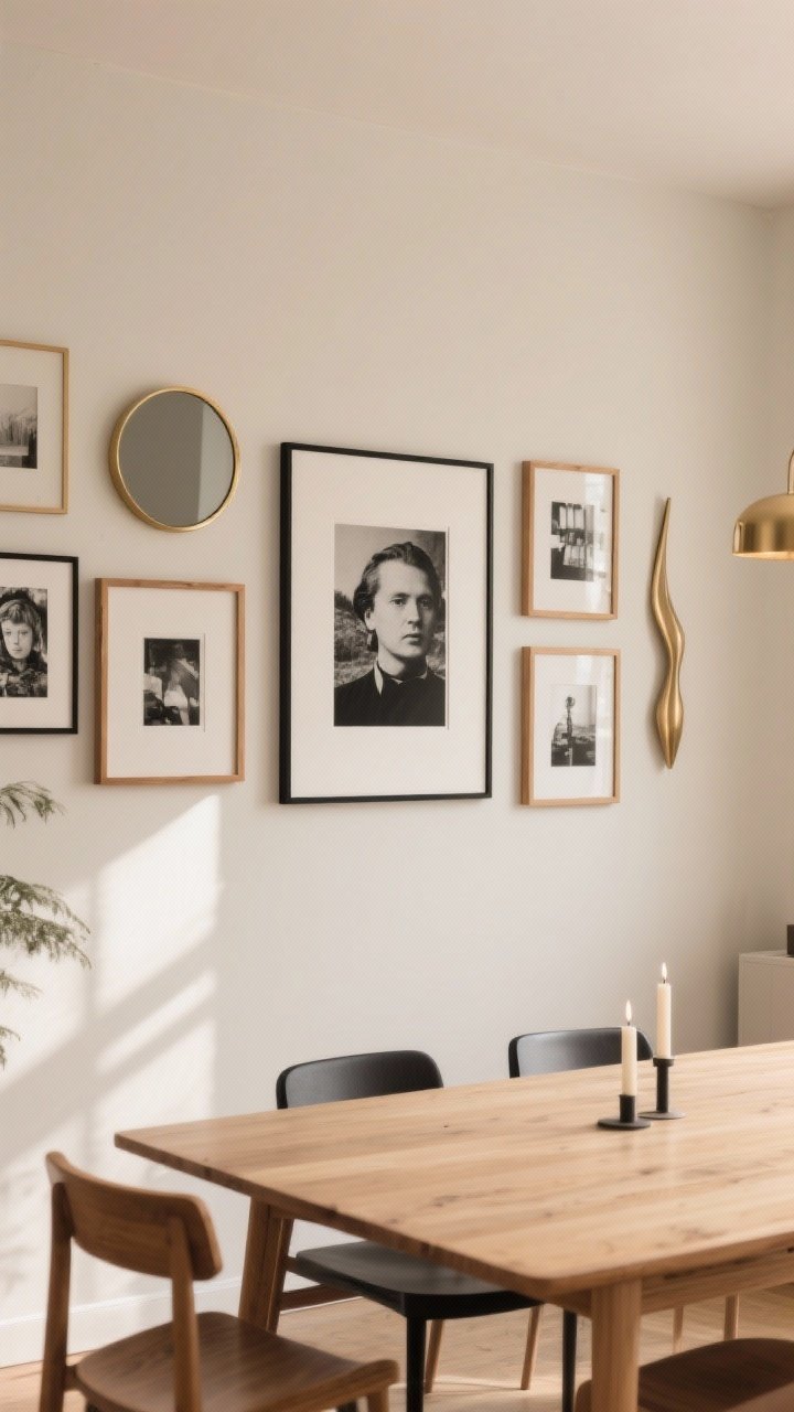 Photorealistic medium shot of a curated gallery wall above a dining table: mixed frames in thin black, warm wood, and brass, unified by black-and-white photography with a limited neutral palette; one large hero piece centered, two medium pieces flanking, several smaller frames around, spaced 2–3 inches apart at eye level; include a small round mirror and a slim sculptural wall object for dimension; soft natural afternoon light, straight-on view, muted cream wall, light oak table with simple candles, calm, curated mood