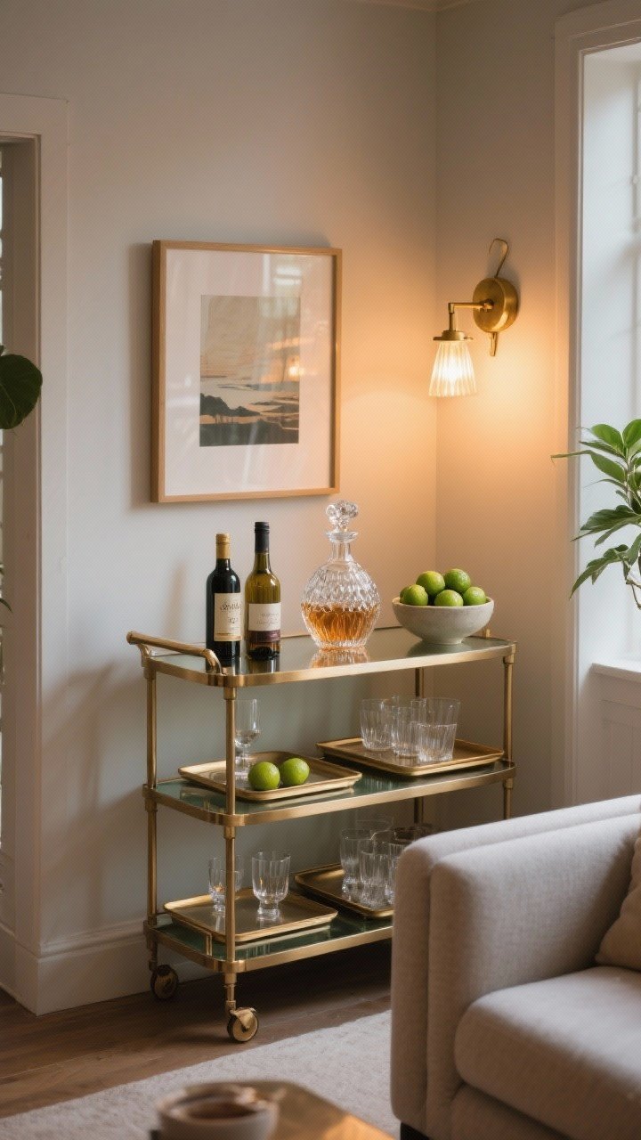 Photorealistic medium shot of a drinks station in a living room corner: a petite bar cart in brushed brass with glass shelves; trays corralling a few select bottles and glassware, one statement crystal decanter centered; a small framed artwork and a brass wall sconce above to frame the vignette; a bowl of fresh limes and a small plant for softness; warm evening lighting with sconce and ambient lamp glow; corner angle perspective.