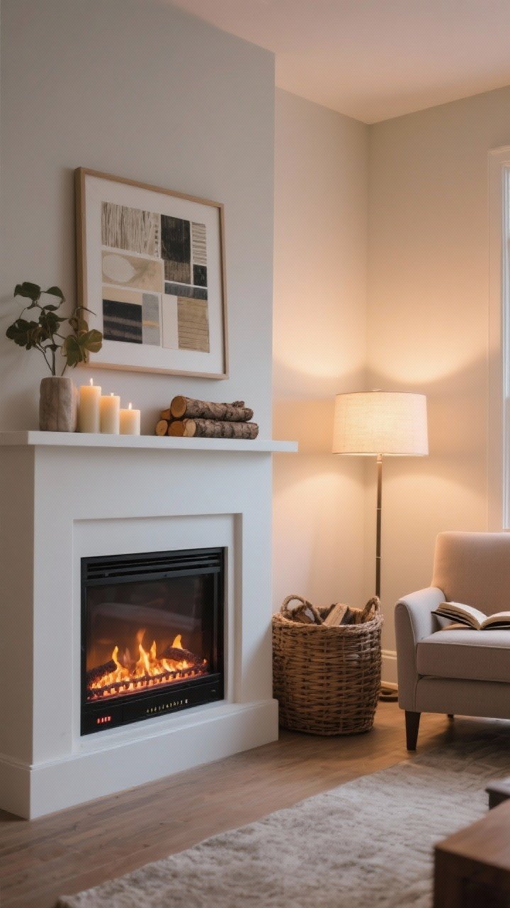 Photorealistic medium shot of a faux fireplace corner: a compact electric fireplace with a clean white surround, realistic ember glow; floating mantle above styled with layered art and candles; stacked decorative logs in a basket for texture; nearby accent chair suggesting a cozy reading spot; warm evening light from the fireplace paired with soft ambient lamp; corner angle composition.