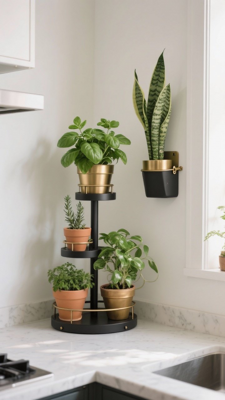Photorealistic medium shot of a greenery cluster in a kitchen corner: a tiered plant stand with three to five tiny pots—basil, rosemary, and pothos—plus a snake plant nearby for low light. Wall-mounted pocket planter adds vertical interest. Planters finished in brushed brass and matte black to match hardware. Fresh, airy mood with diffused daylight and a clean countertop.